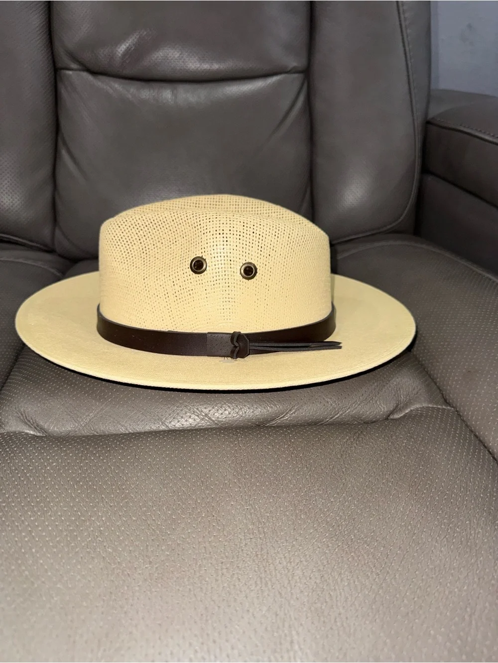 Beige Straw Fedora with Dark Brown Leather Band